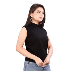 Women's Casual Sleeveless Cotton Blend High Neck Top (Black)