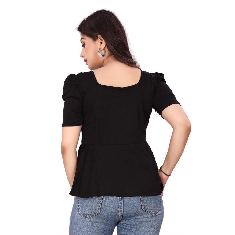 Women's Casual Puff Sleeves Lycra Blend Sweetheart Neck Top (Black)