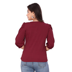 Women's Casual Puff Sleeves Lycra Blend Asymmetric Neck Top (Maroon)