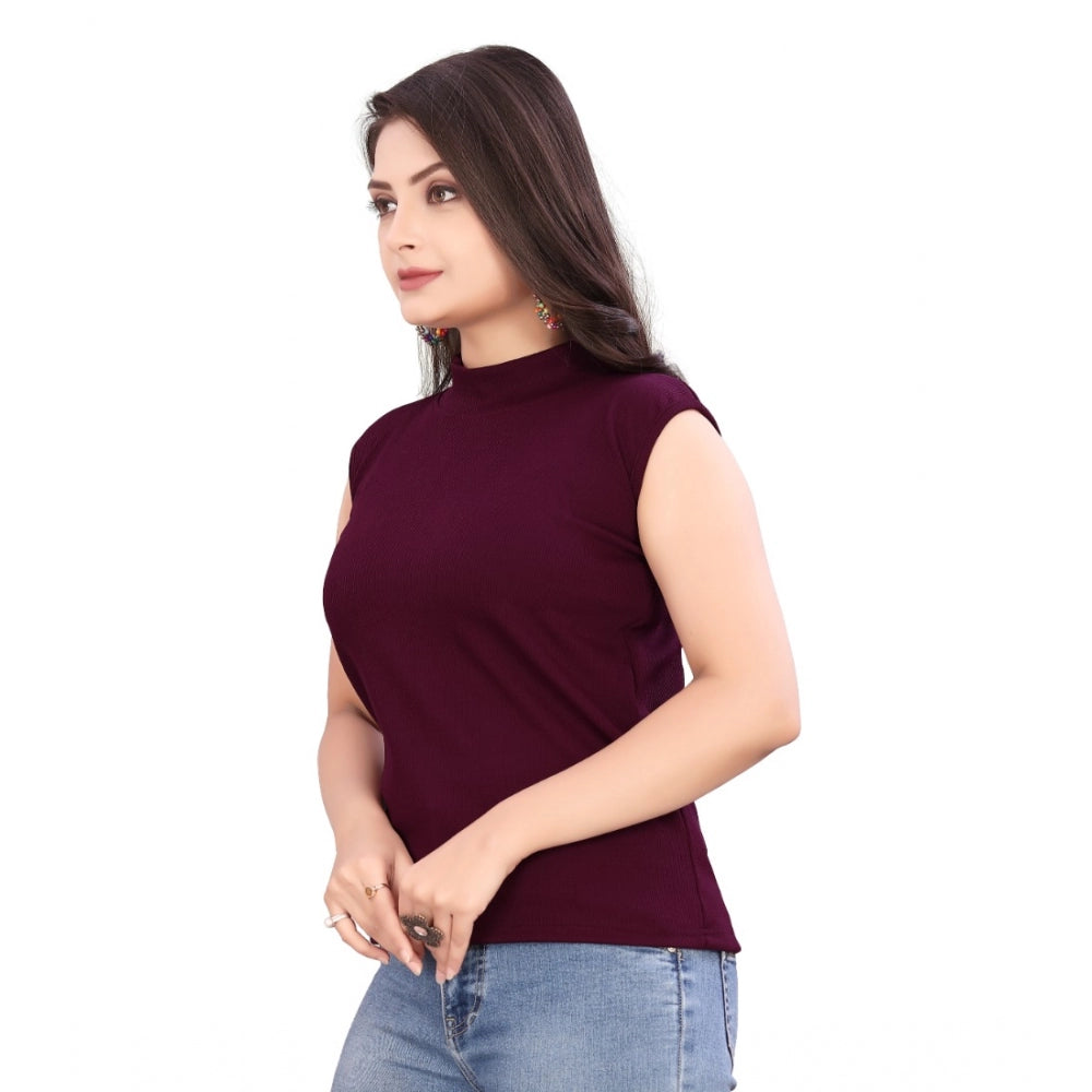 Women's Casual Sleeveless Cotton Blend High Neck Top (Maroon)