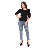 Women's Casual Puff Sleeves Lycra Blend Asymmetric Neck Top (Black) - GillKart