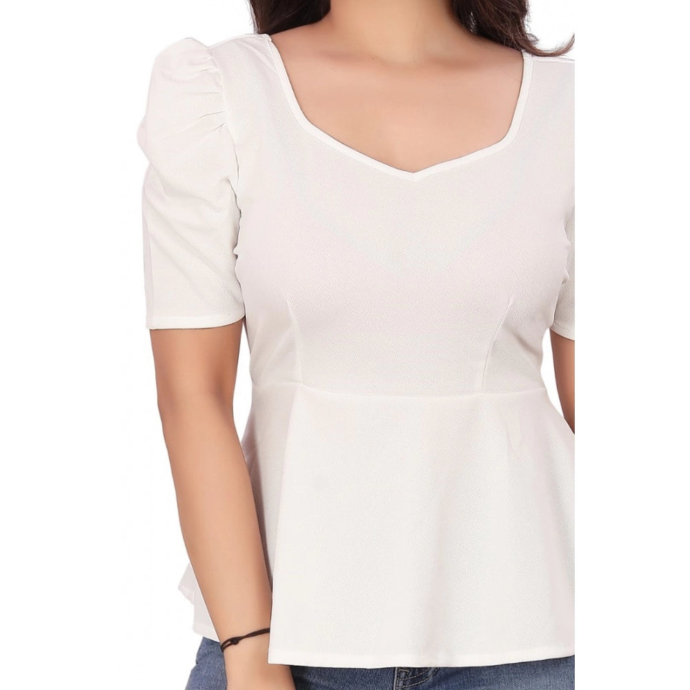 Women's Casual Puff Sleeves Lycra Blend Sweetheart Neck Top (White)