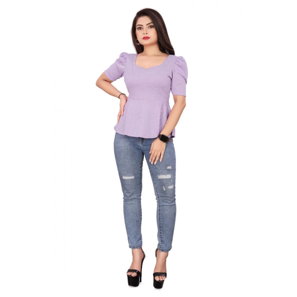 Women's Casual Puff Sleeves Lycra Blend Sweetheart Neck Top (Lavendar)