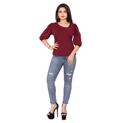 Women's Casual Puff Sleeves Lycra Blend Asymmetric Neck Top (Maroon)