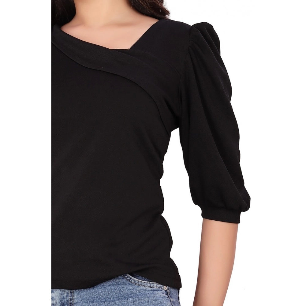 Women's Casual Puff Sleeves Lycra Blend Asymmetric Neck Top (Black) - GillKart