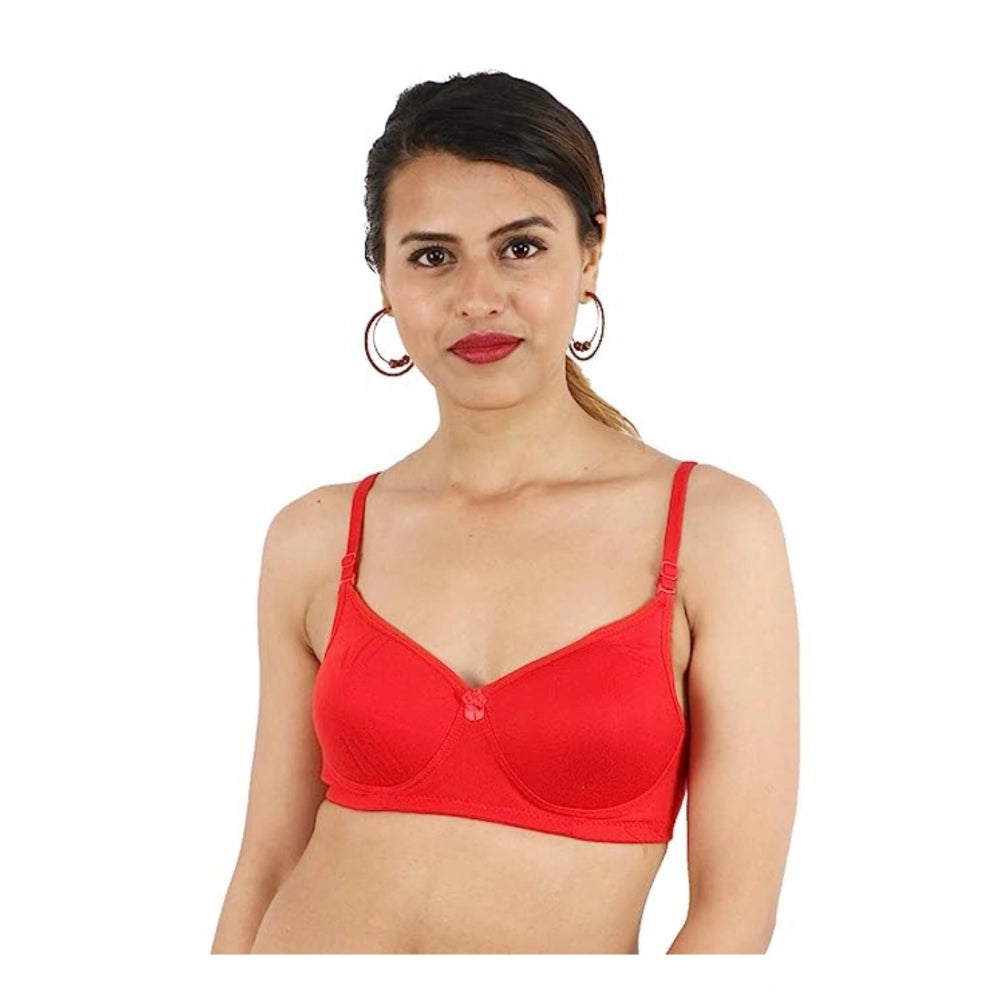 Women's Cotton Solid  Lightly Padded Bra (Red) - GillKart