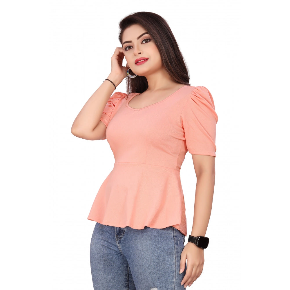 Women's Casual Puff Sleeves Lycra Blend Sweetheart Neck Top (Peach) - GillKart