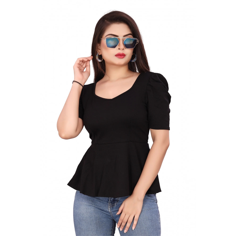 Women's Casual Puff Sleeves Lycra Blend Sweetheart Neck Top (Black)