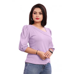 Women's Casual Puff Sleeves Lycra Blend Asymmetric Neck Top (Lavendar)