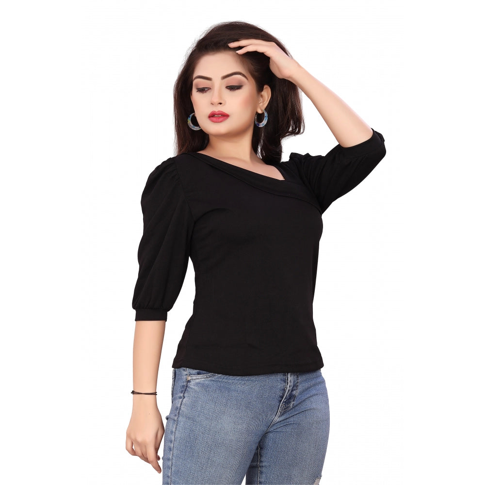 Women's Casual Puff Sleeves Lycra Blend Asymmetric Neck Top (Black)