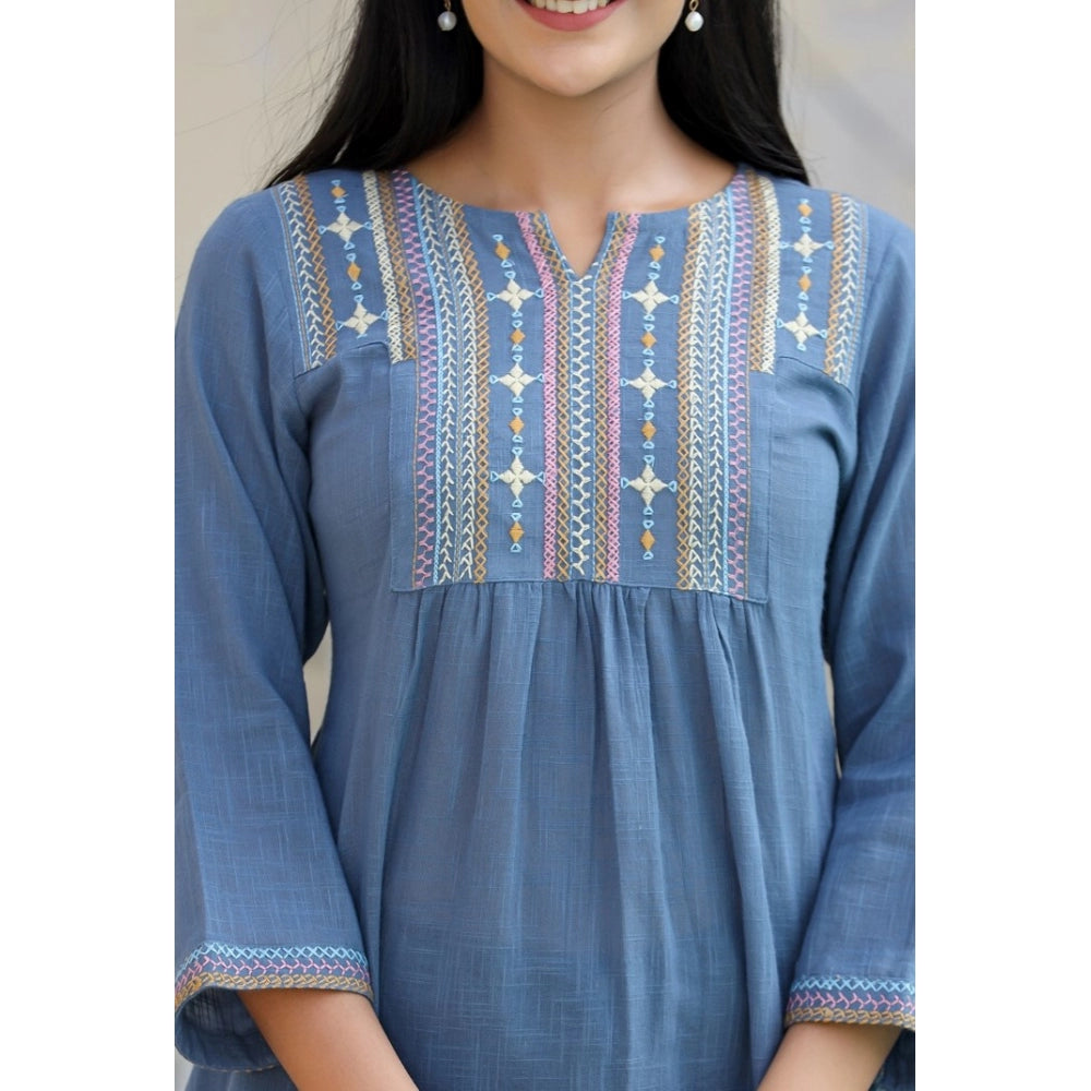 Women's Cotton Embroidered 3/4 Sleeve V-Neck Top (Blue) - GillKart