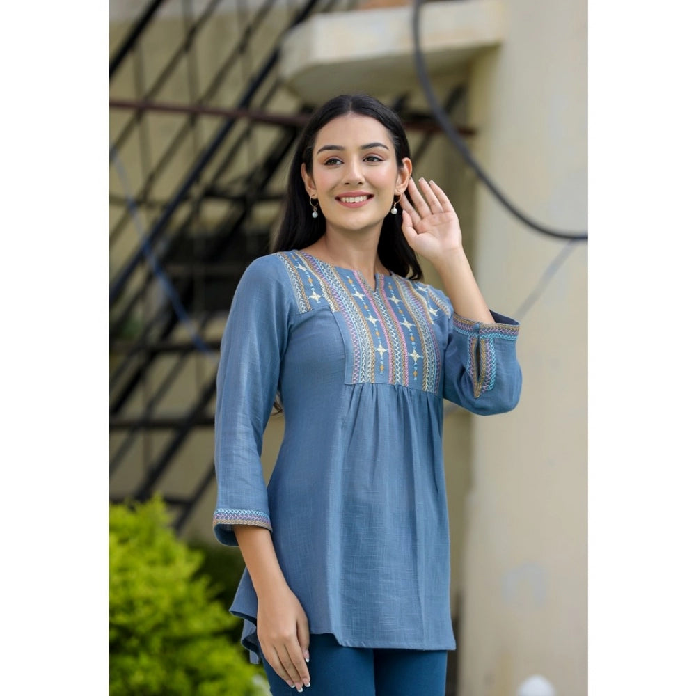 Women's Cotton Embroidered 3/4 Sleeve V-Neck Top (Blue) - GillKart