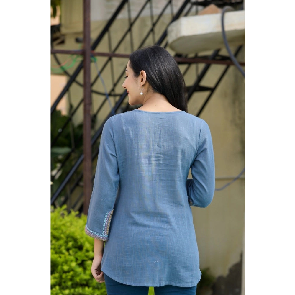 Women's Cotton Embroidered 3/4 Sleeve V-Neck Top (Blue) - GillKart