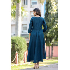 Women's Cotton Solid 3/4 Sleeve Round Neck Kurti (Blue) - GillKart