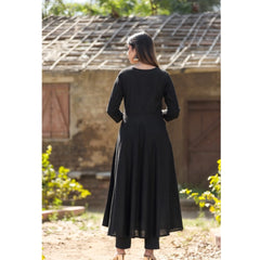 Women's Cotton Solid 3/4 Sleeve Round Neck Kurti (Black) - GillKart