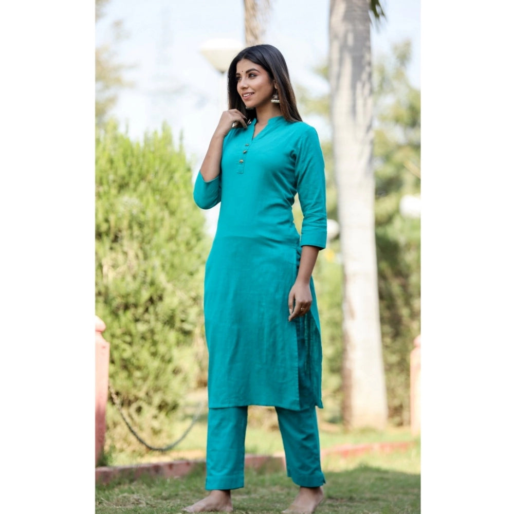 Women's Cotton Solid 3/4 Sleeve Mandarin collar Kurti (Green) - GillKart