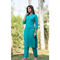 Women's Cotton Solid 3/4 Sleeve Mandarin collar Kurti (Green) - GillKart