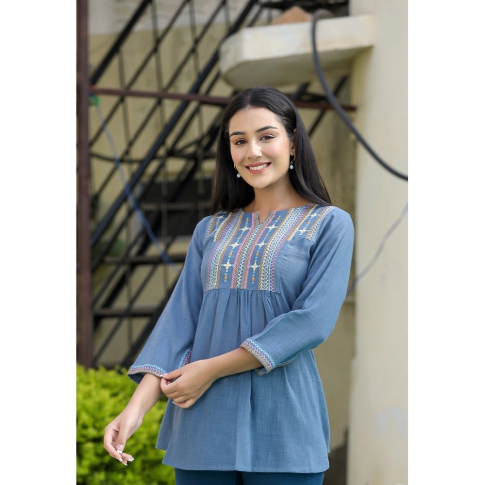 Women's Cotton Embroidered 3/4 Sleeve V-Neck Top (Blue) - GillKart