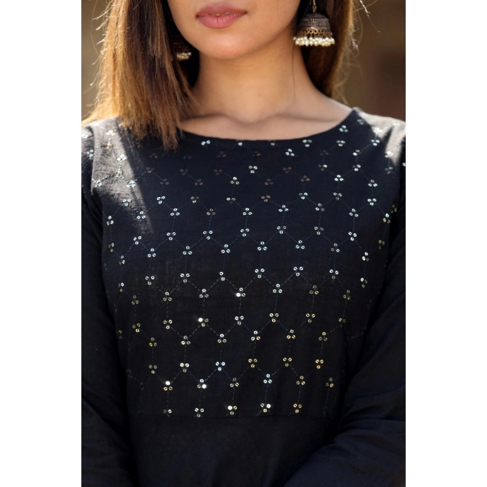 Women's Cotton Solid 3/4 Sleeve Round Neck Kurti (Black) - GillKart