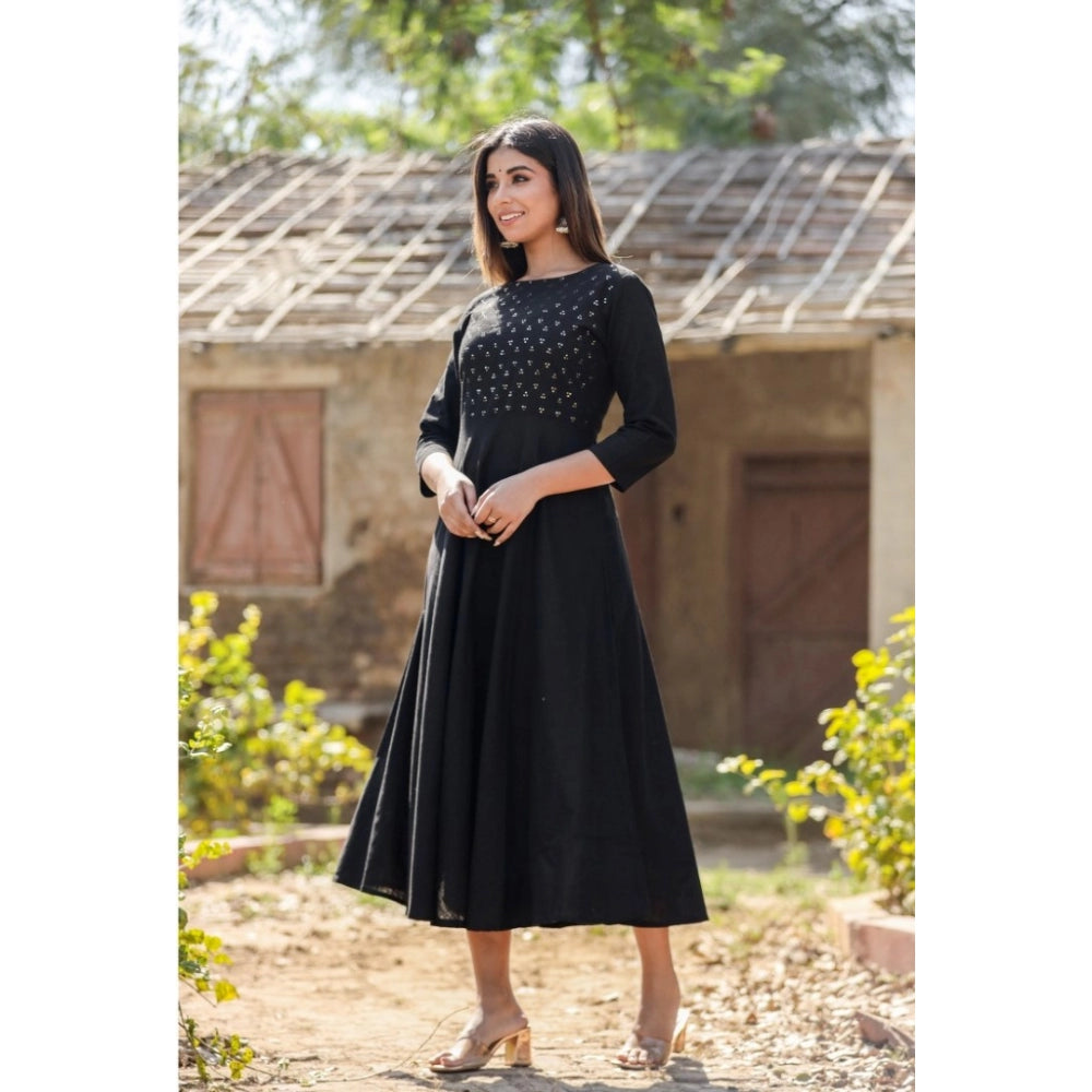 Women's Cotton Solid 3/4 Sleeve Round Neck Kurti (Black) - GillKart