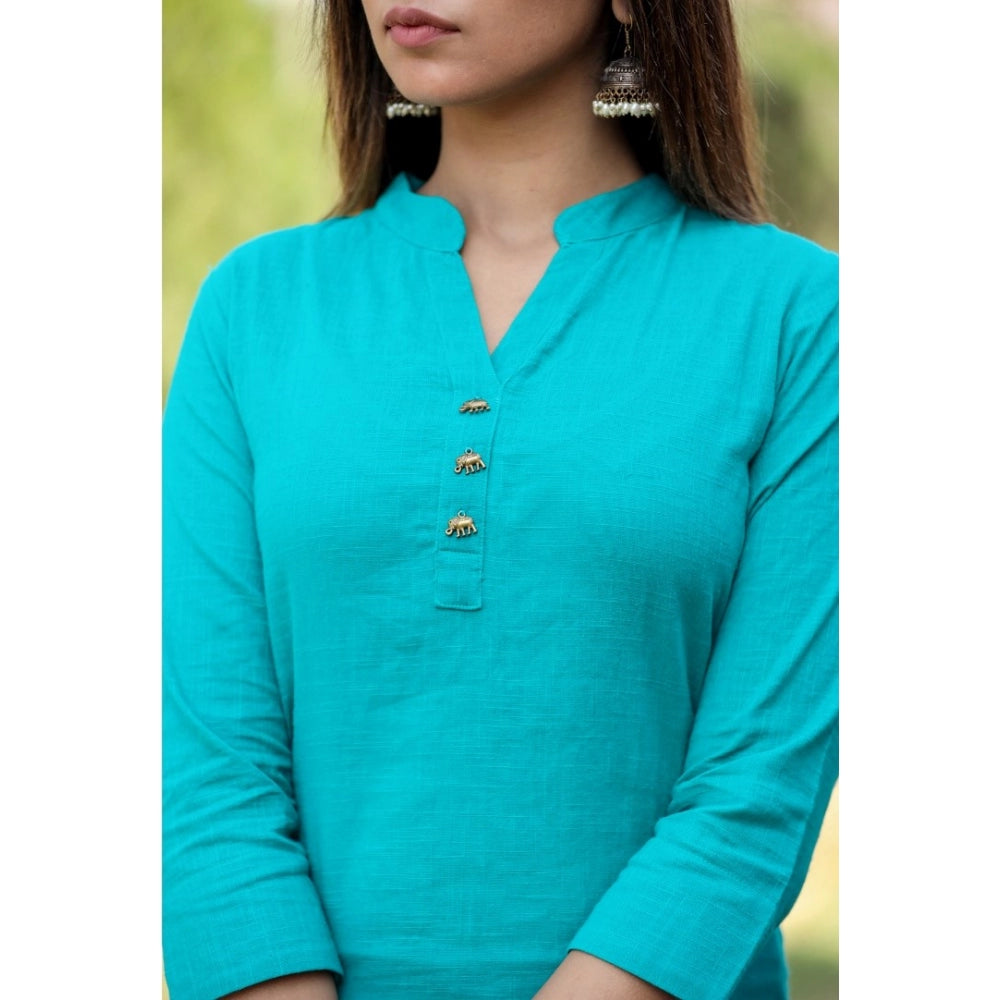 Women's Cotton Solid 3/4 Sleeve Mandarin collar Kurti (Green) - GillKart