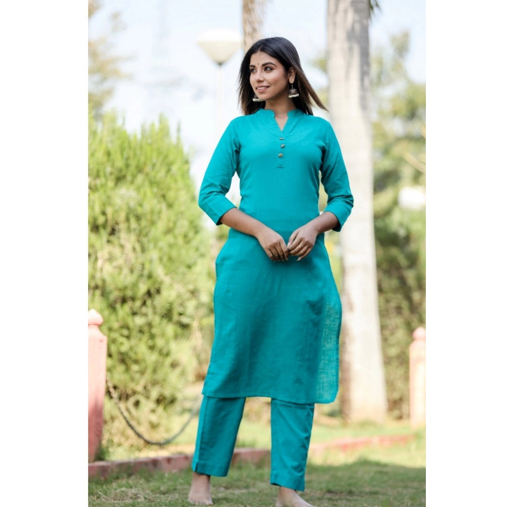 Women's Cotton Solid 3/4 Sleeve Mandarin collar Kurti (Green) - GillKart