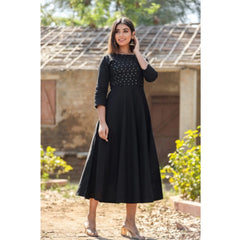 Women's Cotton Solid 3/4 Sleeve Round Neck Kurti (Black) - GillKart