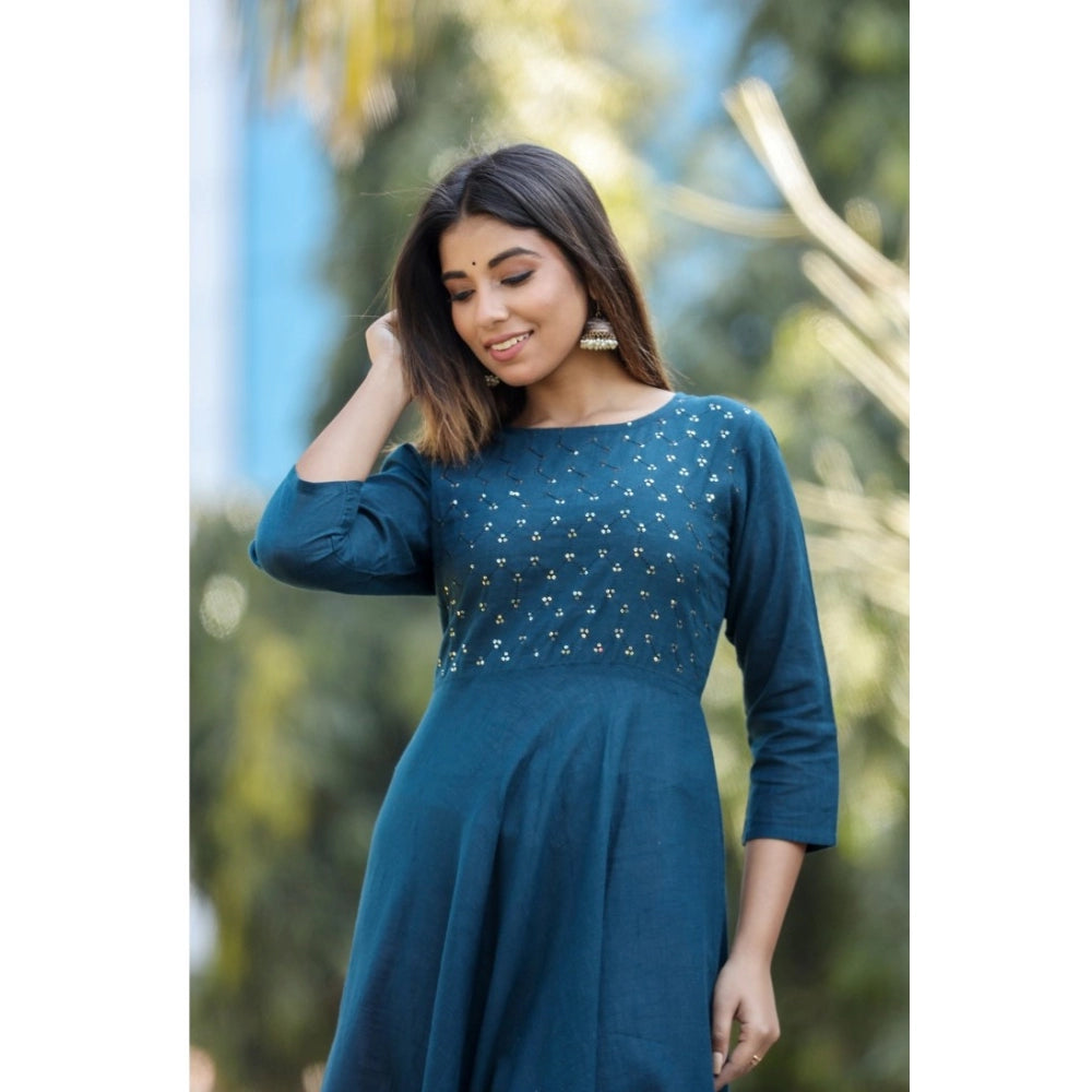 Women's Cotton Solid 3/4 Sleeve Round Neck Kurti (Blue) - GillKart