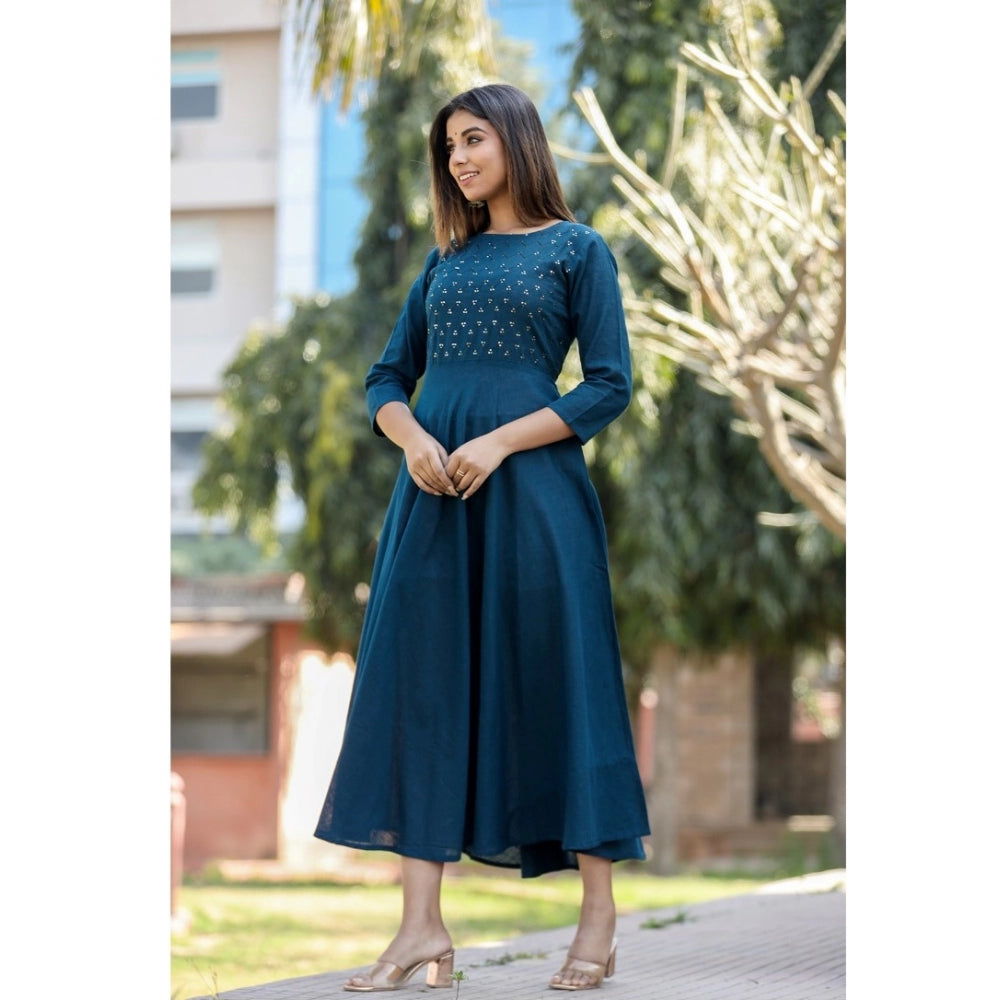 Women's Cotton Solid 3/4 Sleeve Round Neck Kurti (Blue) - GillKart