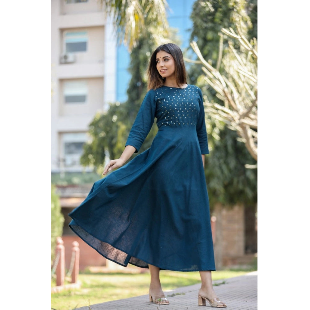 Women's Cotton Solid 3/4 Sleeve Round Neck Kurti (Blue) - GillKart