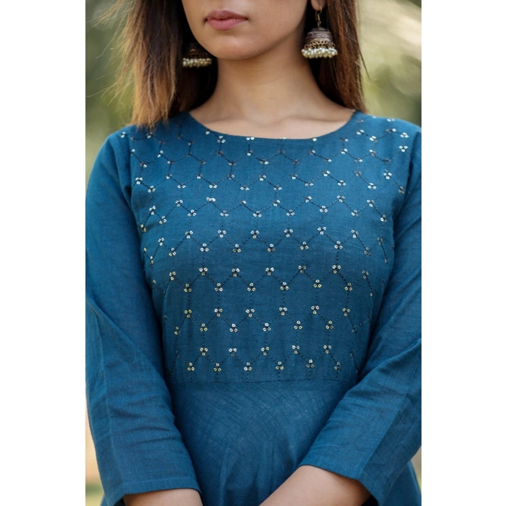 Women's Cotton Solid 3/4 Sleeve Round Neck Kurti (Blue) - GillKart