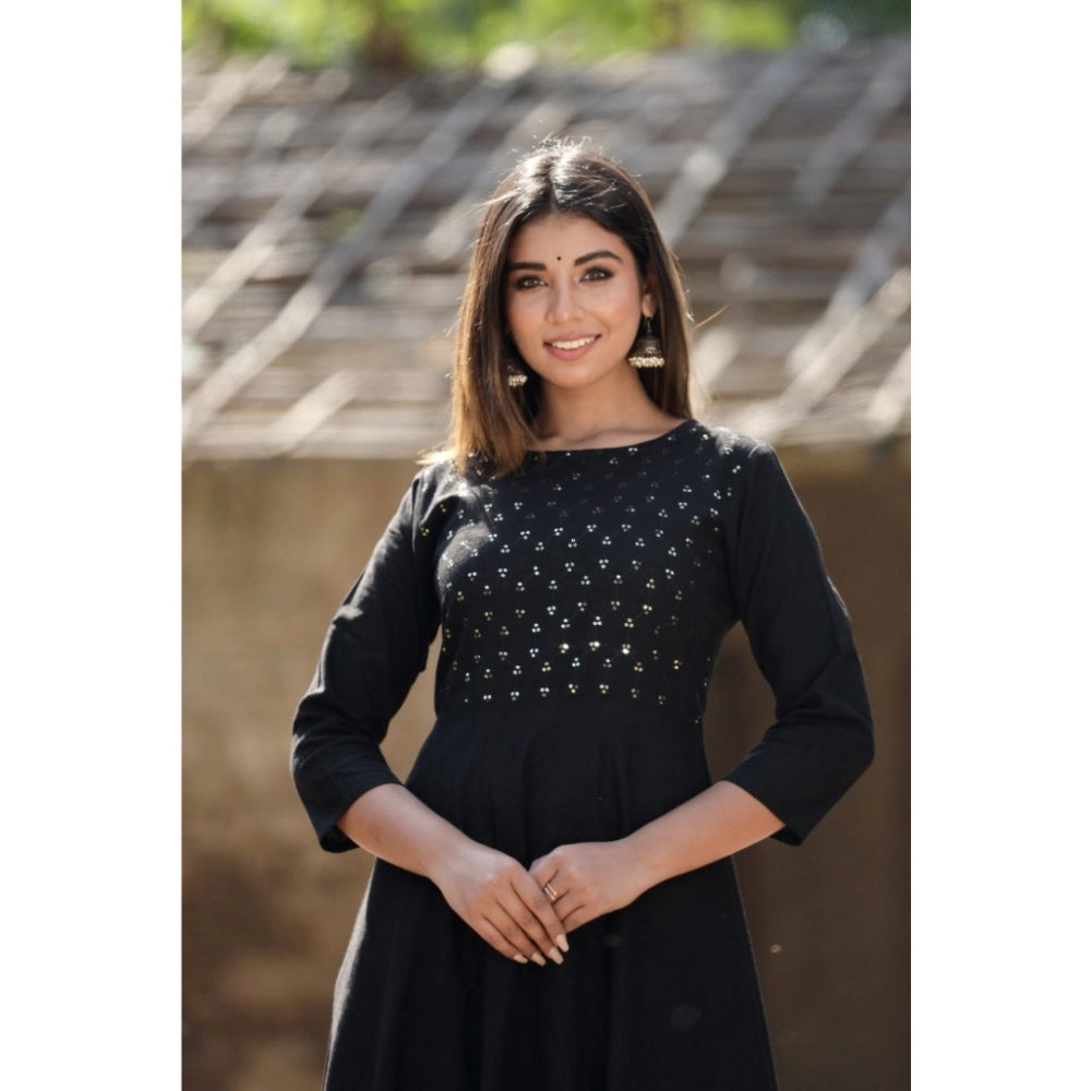 Women's Cotton Solid 3/4 Sleeve Round Neck Kurti (Black) - GillKart