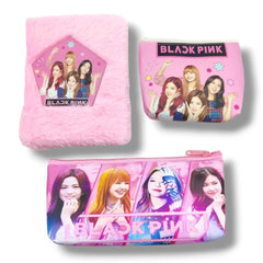 3 in 1 Black Pink BTS Stationery Set With 2 Pouchs And 1 Packet Dairy | Soft Furr | Stationery | 5+ Years - GillKart