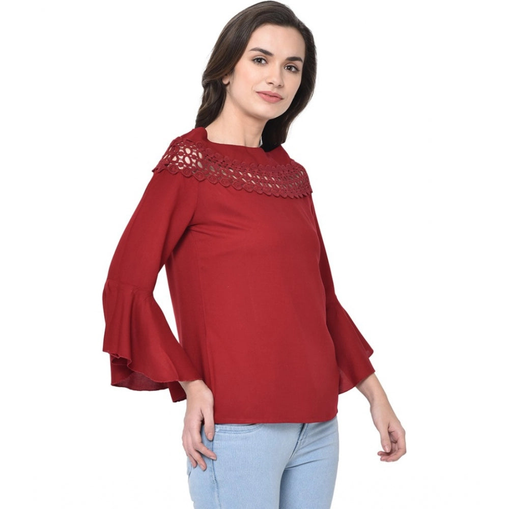 Women's Cotton Blend Solid Regular Sleeves Round Neck Regular Top (Maroon) - GillKart