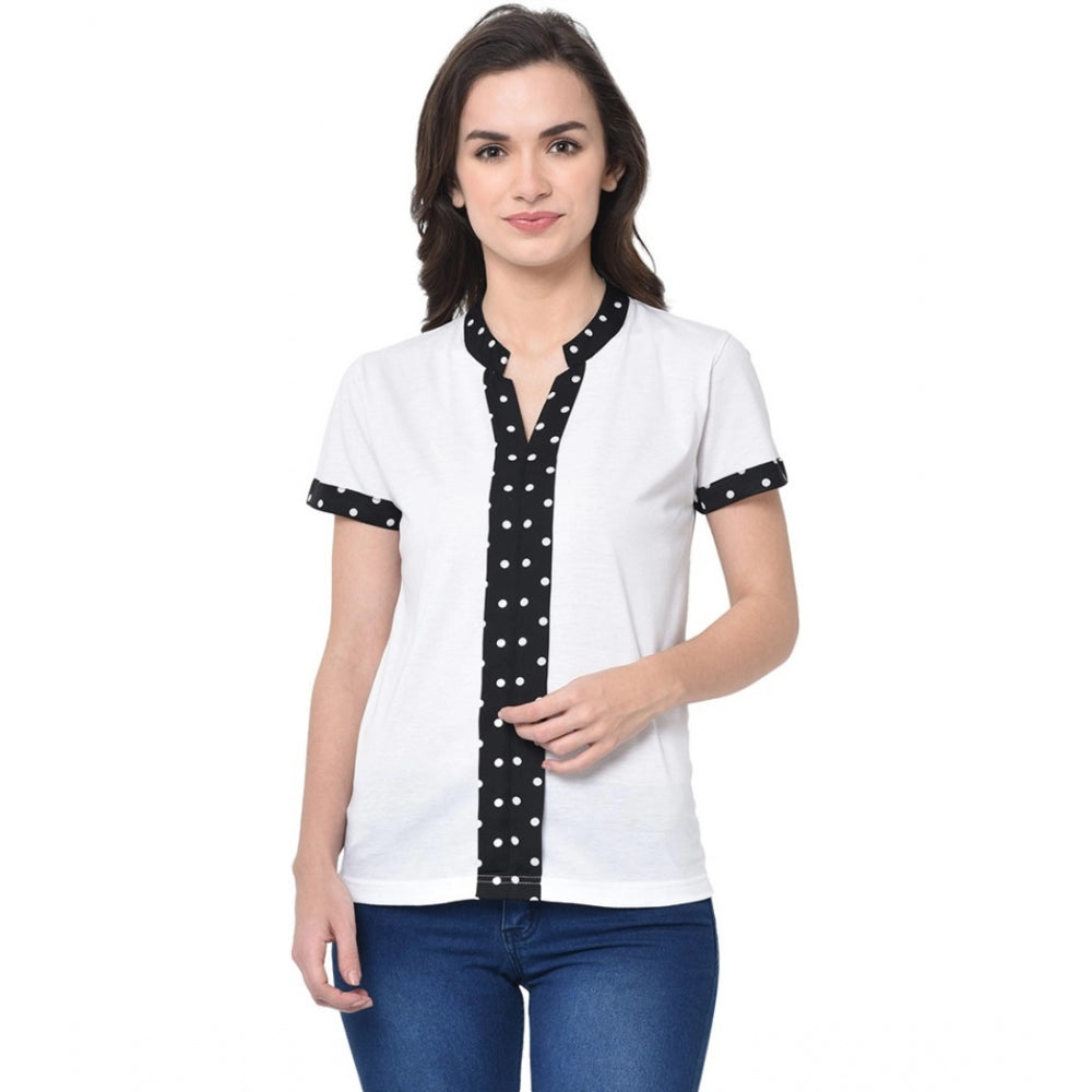 Women's Cotton Blend Solid Regular Sleeves V-Neck Regular Top (White) - GillKart