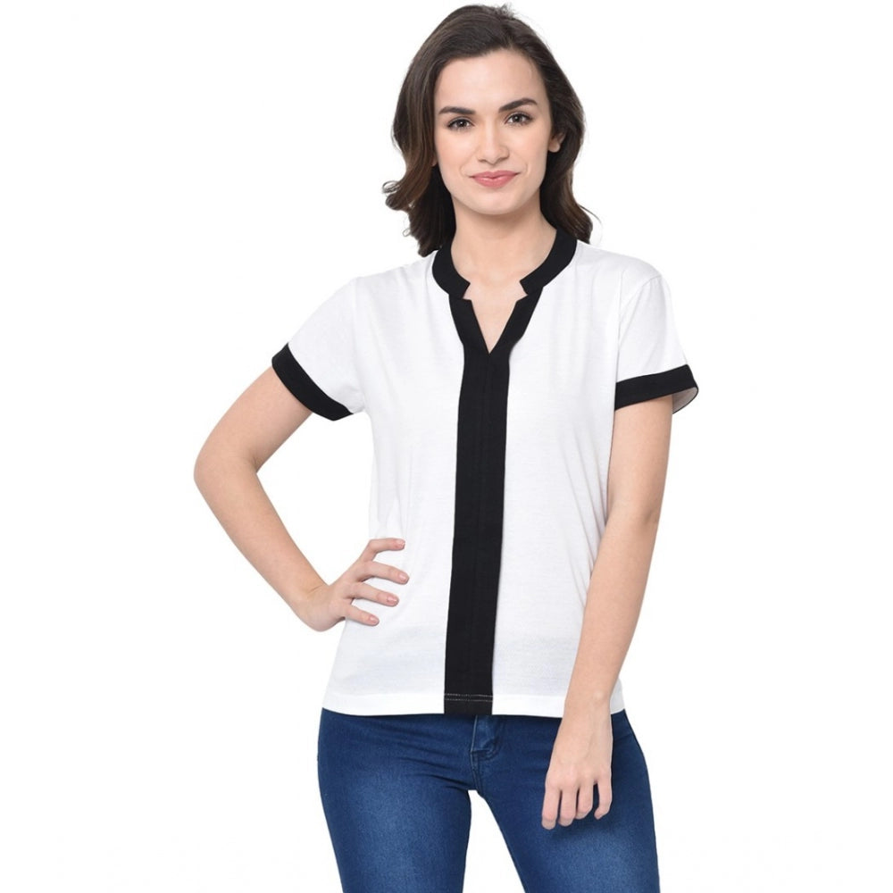 Women's Cotton Blend Solid Regular Sleeves V-Neck Regular Top (White) - GillKart