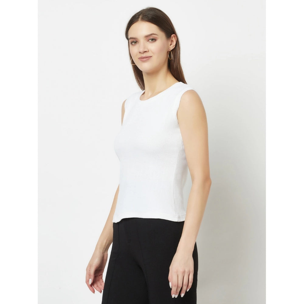 Women's Cotton Blend Solid Sleeveless Round Neck Regular Top (White) - GillKart