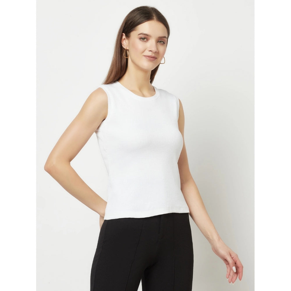 Women's Cotton Blend Solid Sleeveless Round Neck Regular Top (White) - GillKart