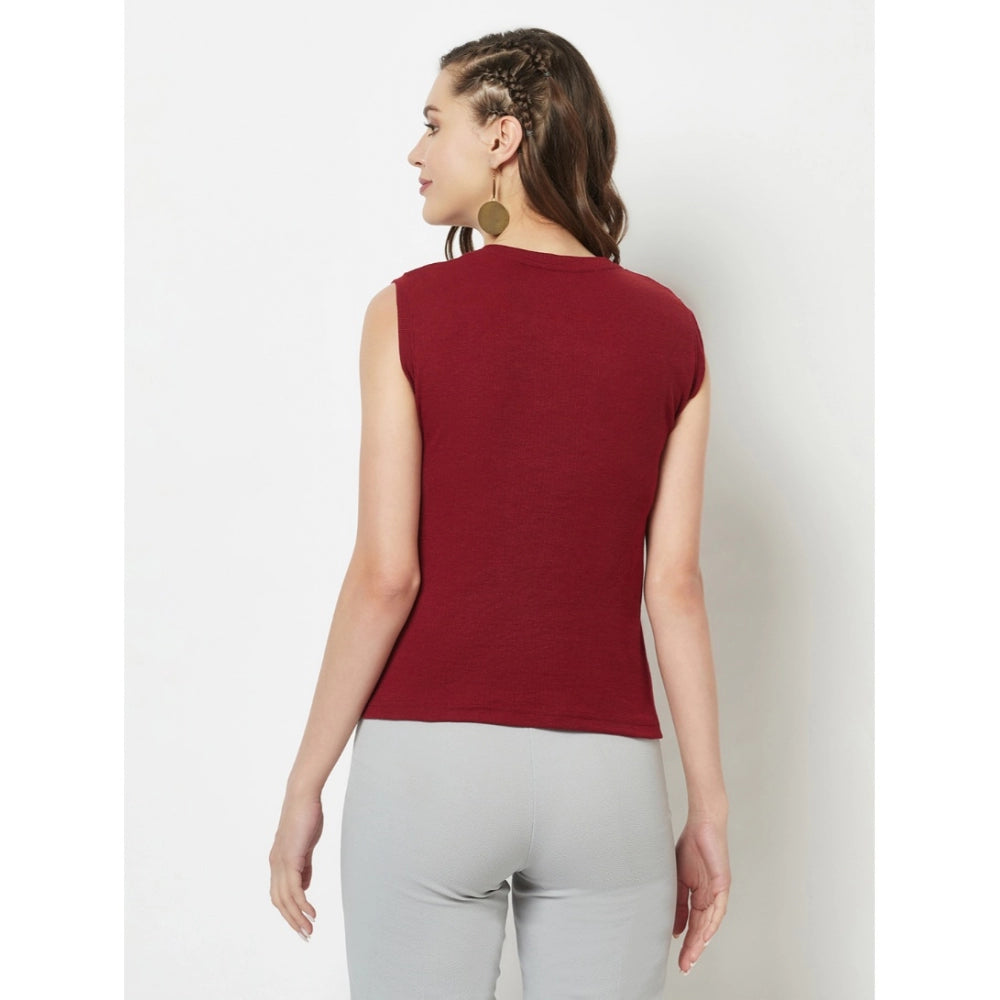 Women's Cotton Blend Solid Sleeveless Round Neck Regular Top (Maroon) - GillKart