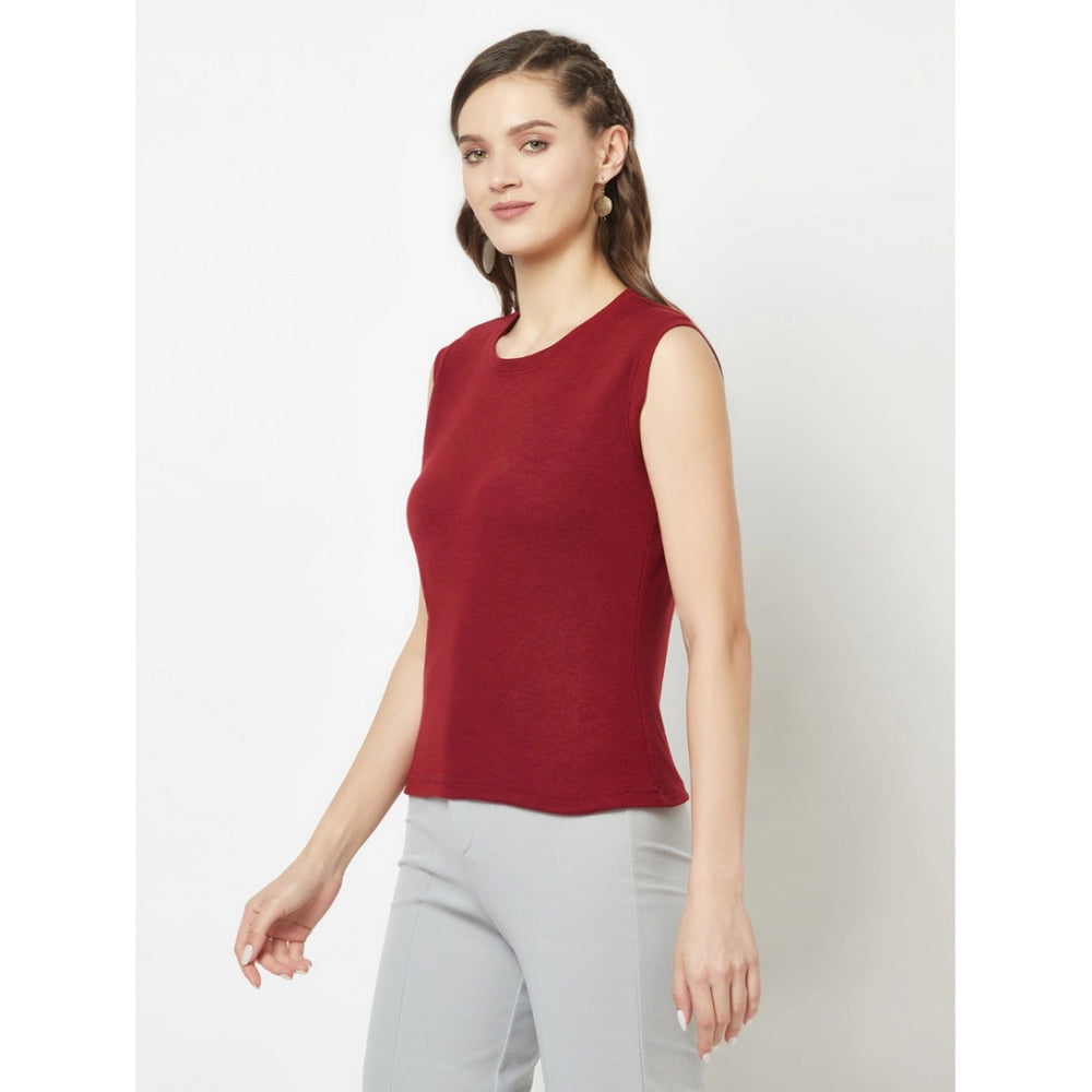 Women's Cotton Blend Solid Sleeveless Round Neck Regular Top (Maroon) - GillKart