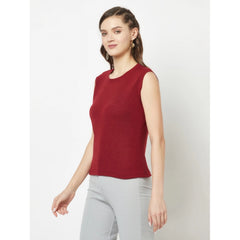 Women's Cotton Blend Solid Sleeveless Round Neck Regular Top (Maroon) - GillKart