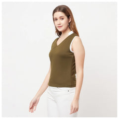 Women's Cotton Blend Color Block Sleeveless V-Neck Regular Top (Green) - GillKart