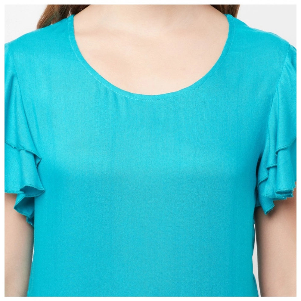 Women's Cotton Blend Solid Bell Sleeves Round Neck Regular Top (Light-Green) - GillKart