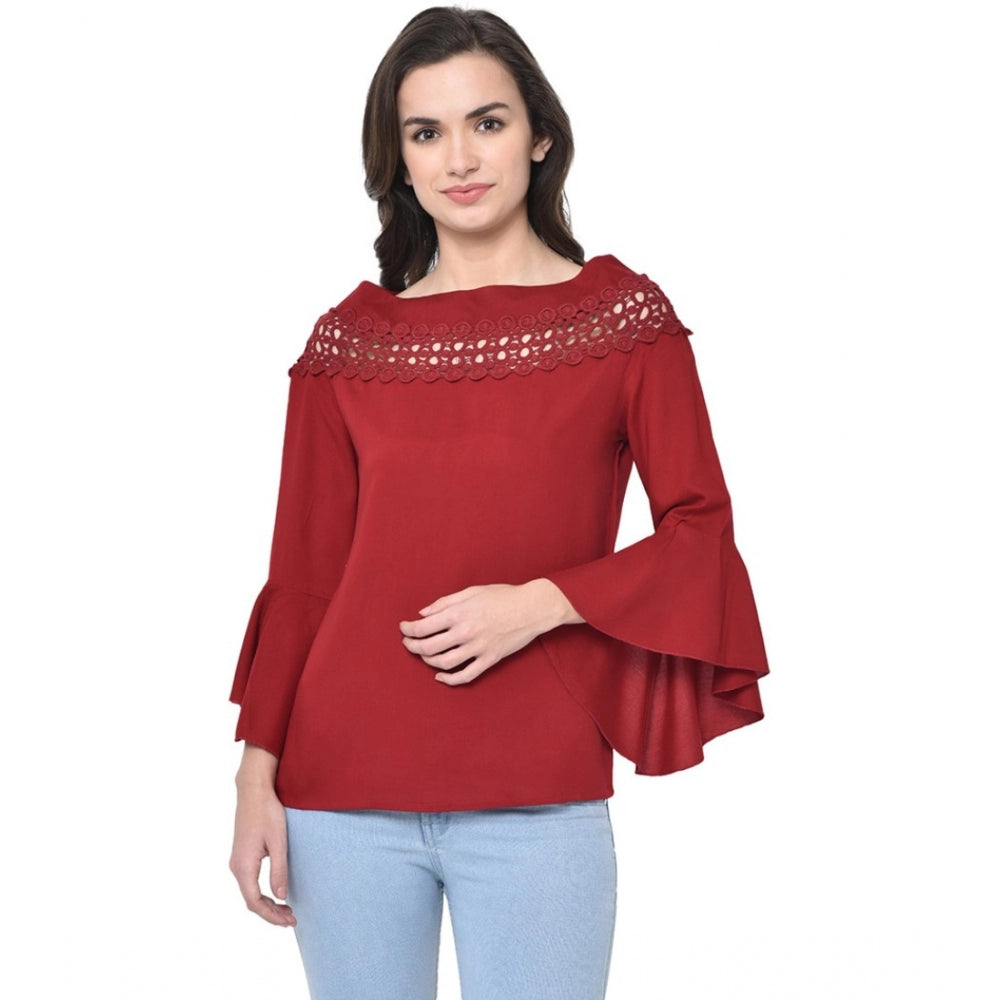 Women's Cotton Blend Solid Regular Sleeves Round Neck Regular Top (Maroon) - GillKart