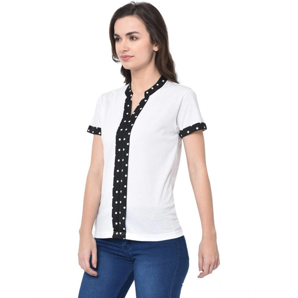 Women's Cotton Blend Solid Regular Sleeves V-Neck Regular Top (White) - GillKart