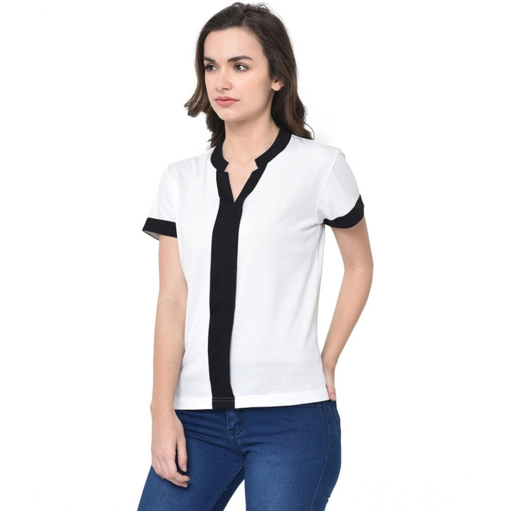 Women's Cotton Blend Solid Regular Sleeves V-Neck Regular Top (White) - GillKart