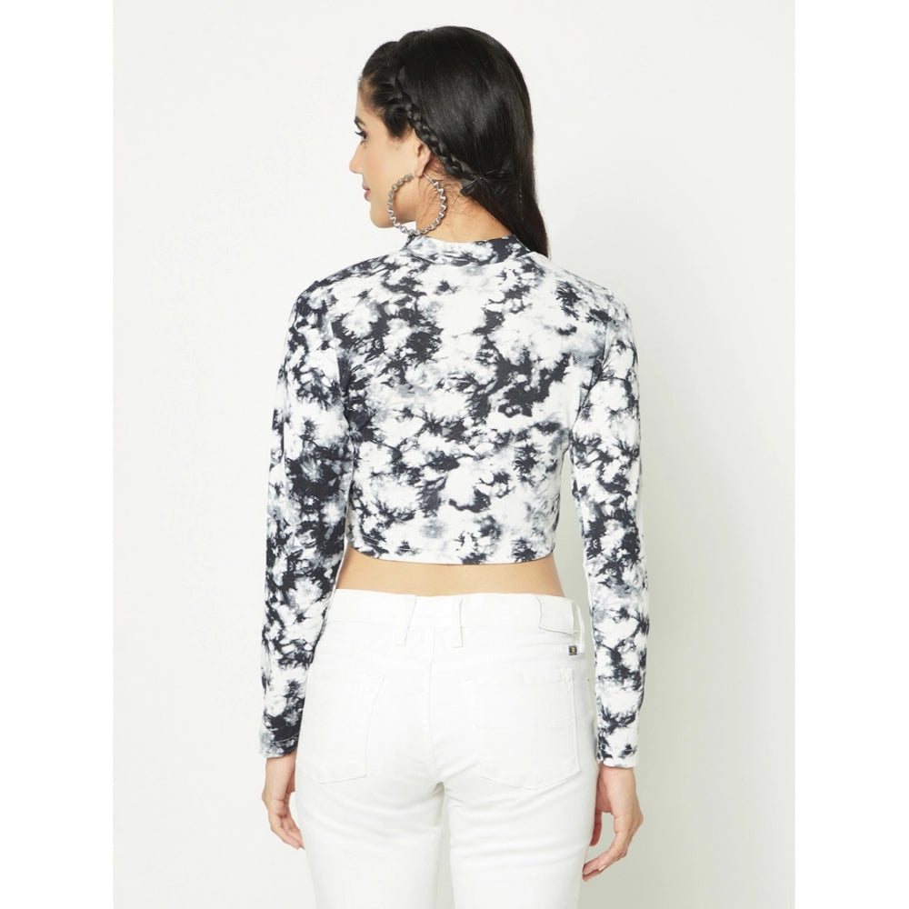 Women's Polyester Self Design Regular Sleeves Round Neck Crop Top (White-Black) - GillKart