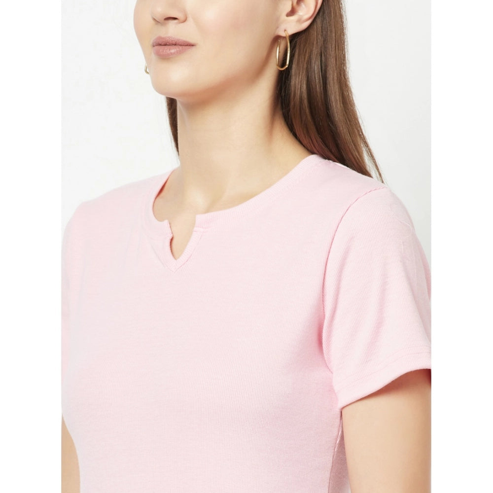 Women's Cotton Blend Self Design Regular Sleeves V-Neck Regular Top (Pink) - GillKart