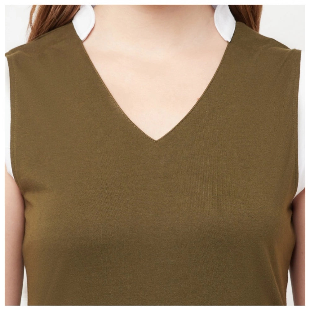 Women's Cotton Blend Color Block Sleeveless V-Neck Regular Top (Green) - GillKart