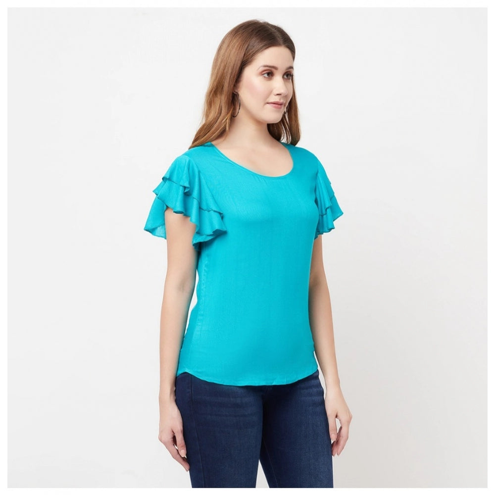 Women's Cotton Blend Solid Bell Sleeves Round Neck Regular Top (Light-Green) - GillKart